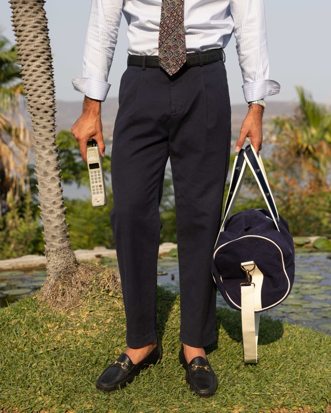 Straight Fit Linen Trousers - Navy Blue