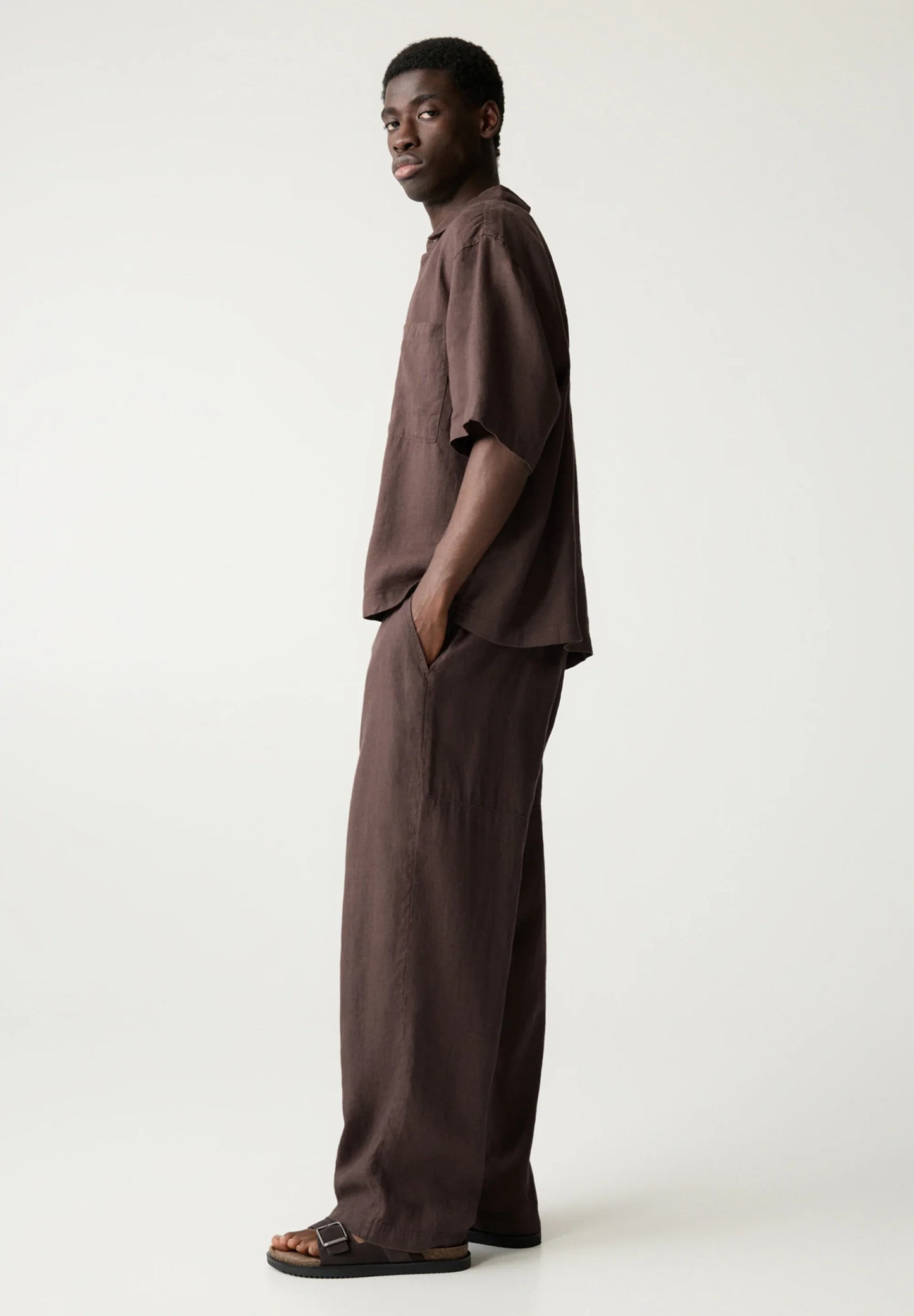 Linen Blend Trousers - Brown