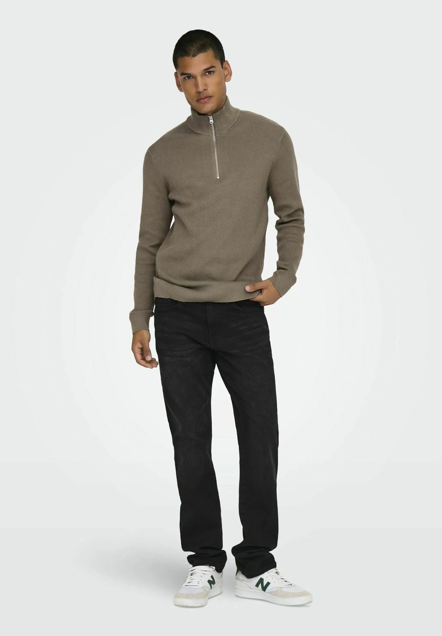Textured Comfort Jumper with High Neck and Zip - Taupe