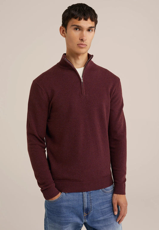Men's Cotton Jumper with Troyer Neck and Zip - Red