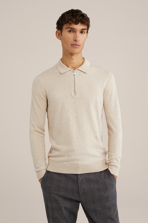 Fine Knit Jumper with Troyer Collar and Zip - Beige