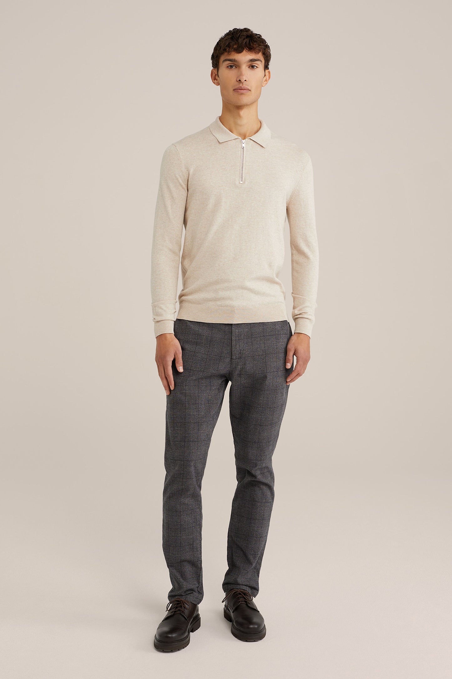 Fine Knit Jumper with Troyer Collar and Zip - Beige