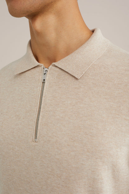 Fine Knit Jumper with Troyer Collar and Zip - Beige