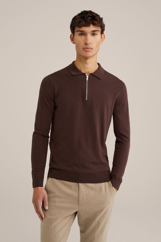 Fine Knit Jumper with Troyer Collar and Zip - Brown