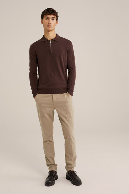 Fine Knit Jumper with Troyer Collar and Zip - Brown