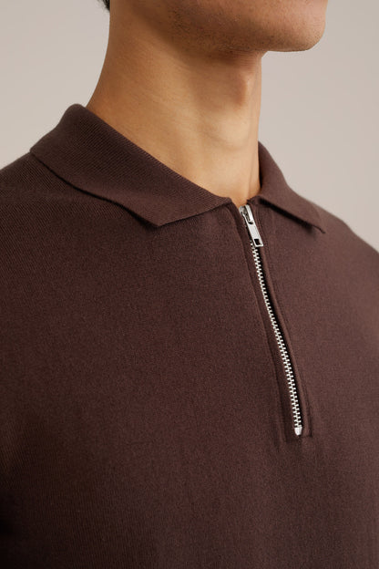 Fine Knit Jumper with Troyer Collar and Zip - Brown