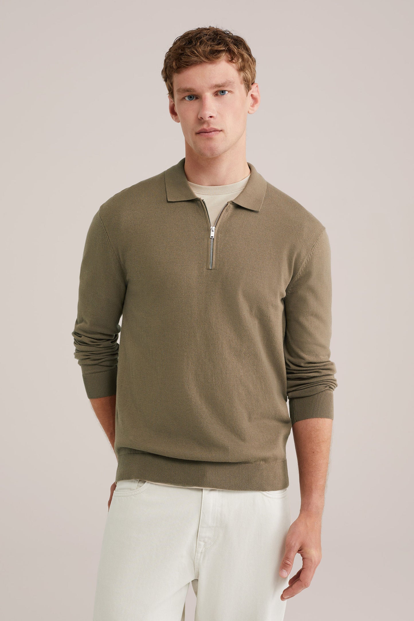 Fine Knit Jumper with Troyer Collar and Zip - Caramel