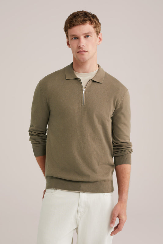 Fine Knit Jumper with Troyer Collar and Zip - Caramel