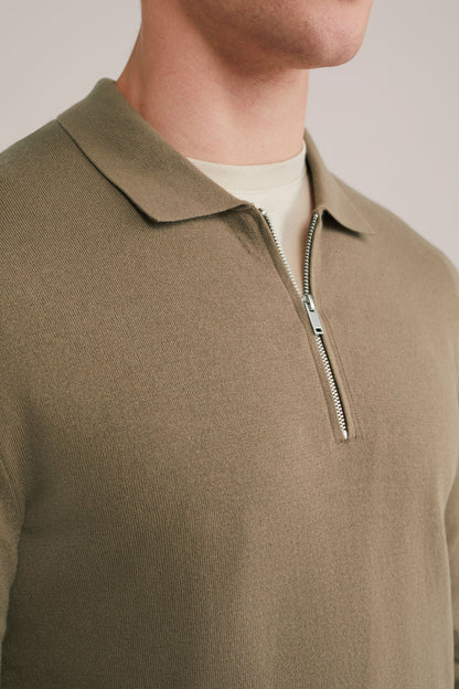 Fine Knit Jumper with Troyer Collar and Zip - Caramel