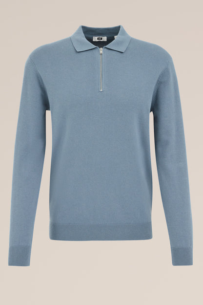 Fine Knit Jumper with Troyer Collar and Zip - Light Blue