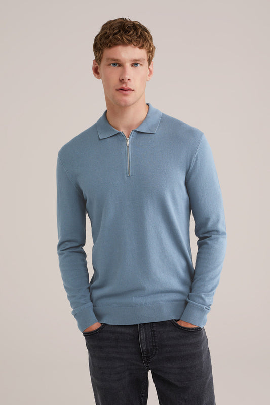 Fine Knit Jumper with Troyer Collar and Zip - Light Blue