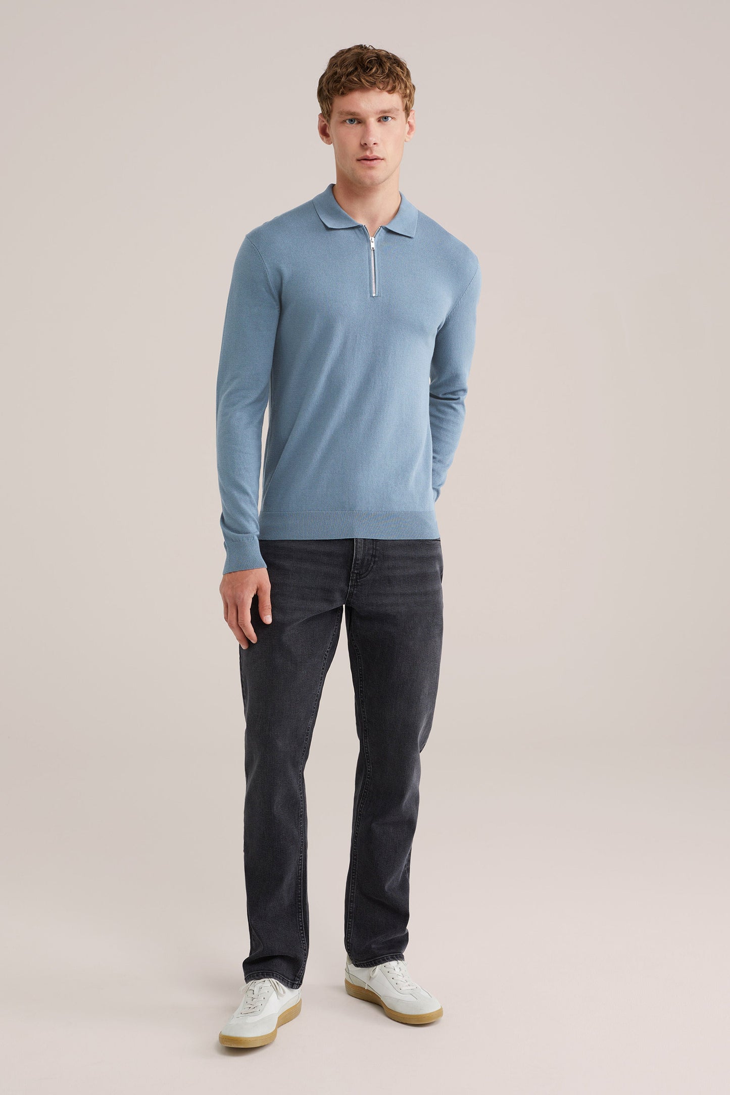 Fine Knit Jumper with Troyer Collar and Zip - Light Blue