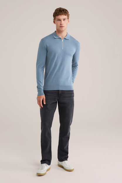 Fine Knit Jumper with Troyer Collar and Zip - Light Blue