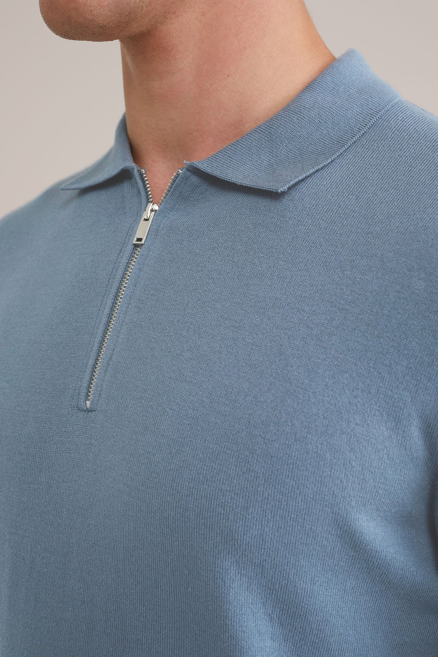 Fine Knit Jumper with Troyer Collar and Zip - Light Blue