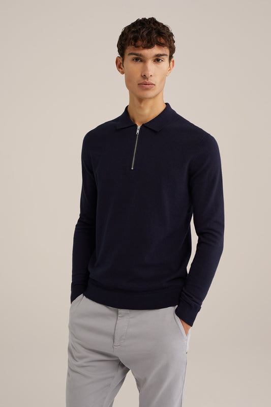 Fine Knit Jumper with Troyer Collar and Zipper - Navy Blue