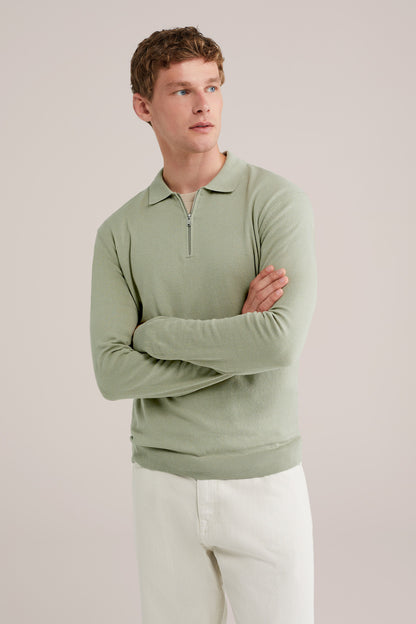 Fine Knit Jumper with Troyer Collar and Zip - Mint