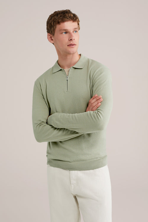Fine Knit Jumper with Troyer Collar and Zip - Mint