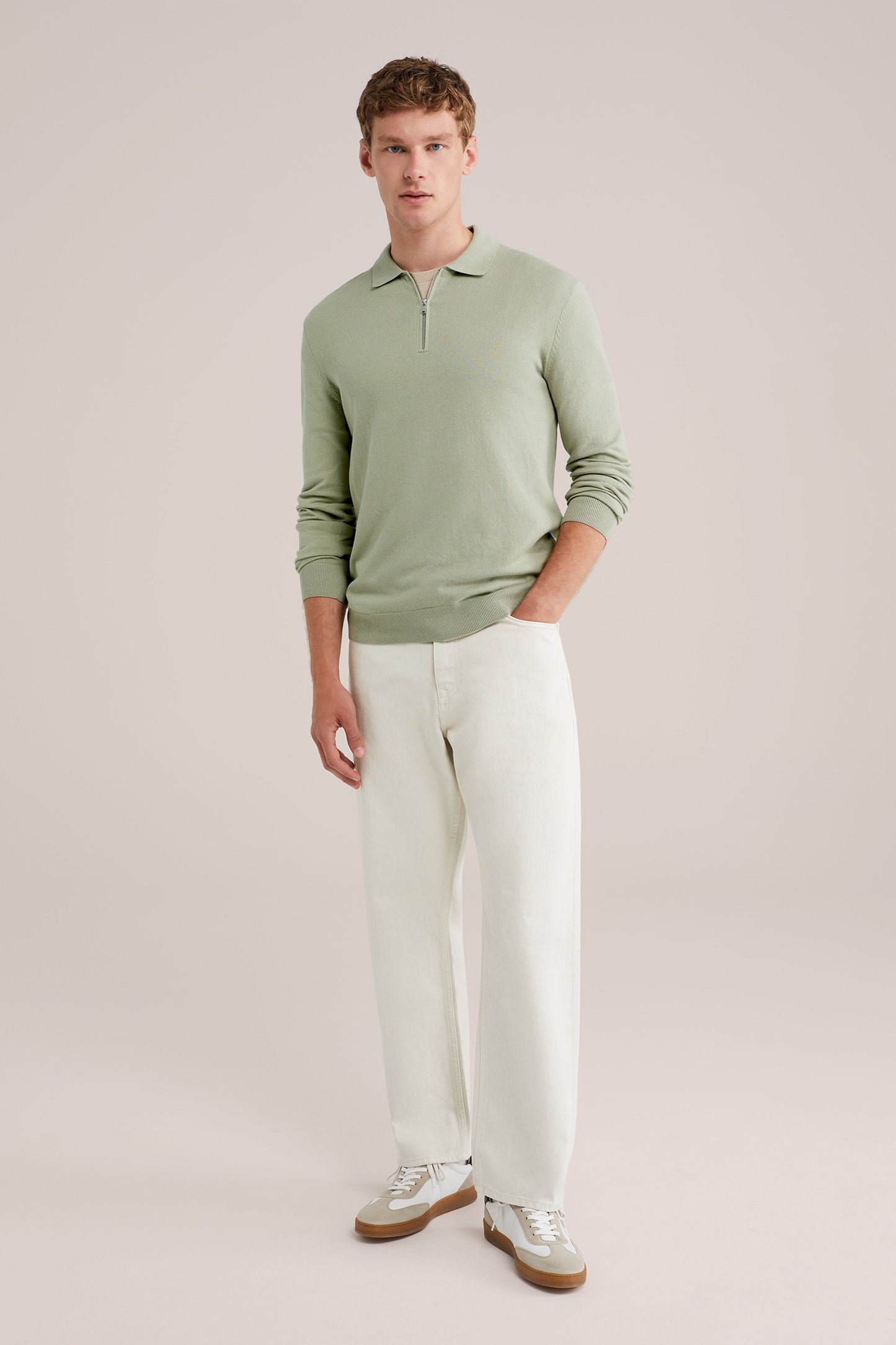 Fine Knit Jumper with Troyer Collar and Zip - Mint
