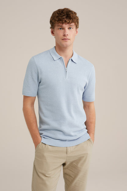Polo Collar Shirt with Zip - Light Blue