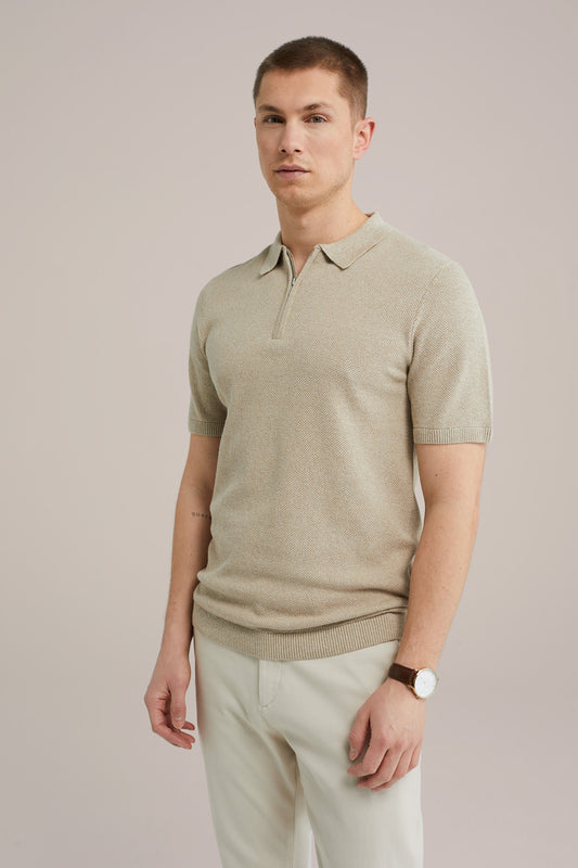 Polo Collar Shirt with Zipper - Beige