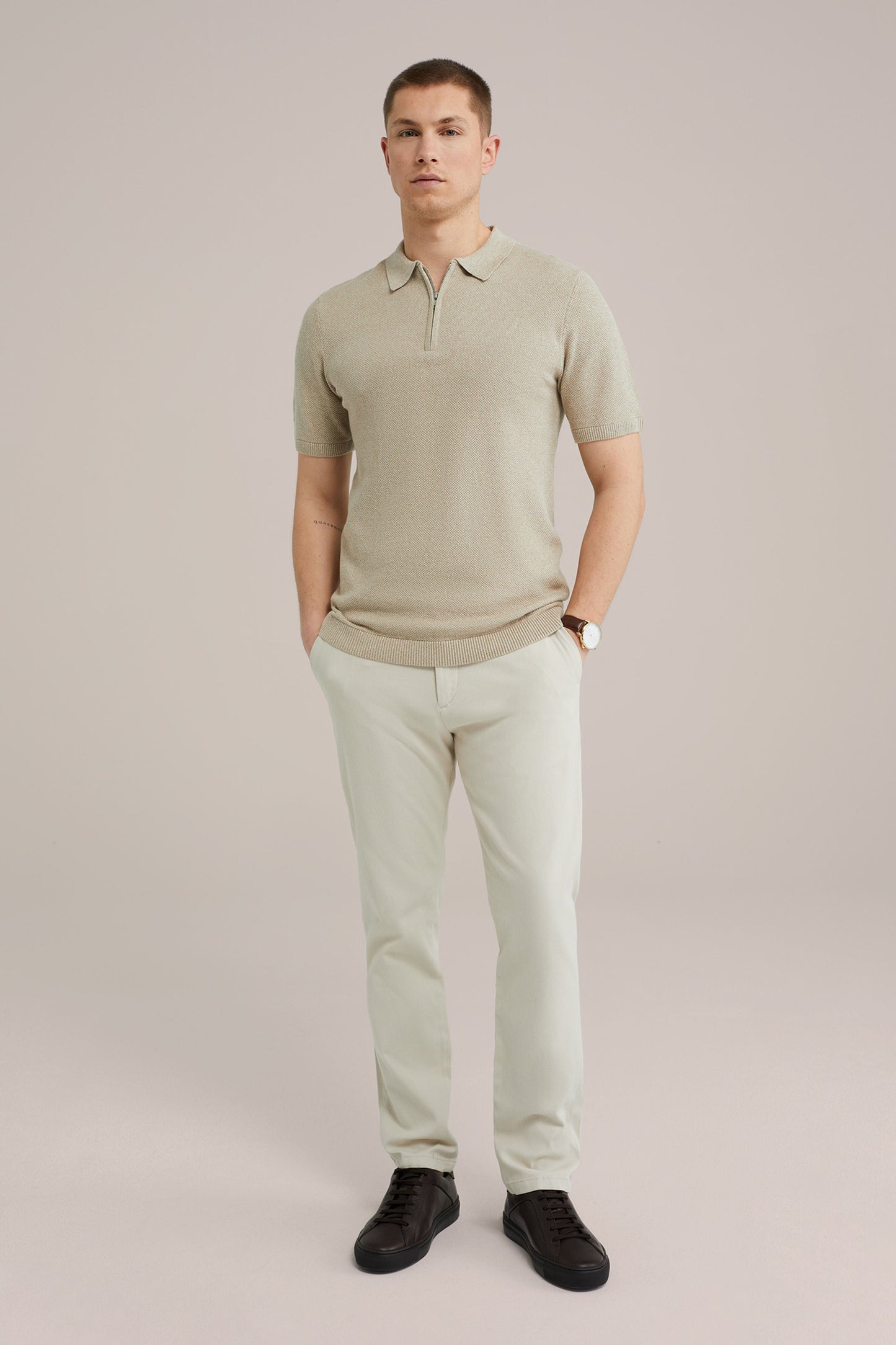 Polo Collar Shirt with Zipper - Beige