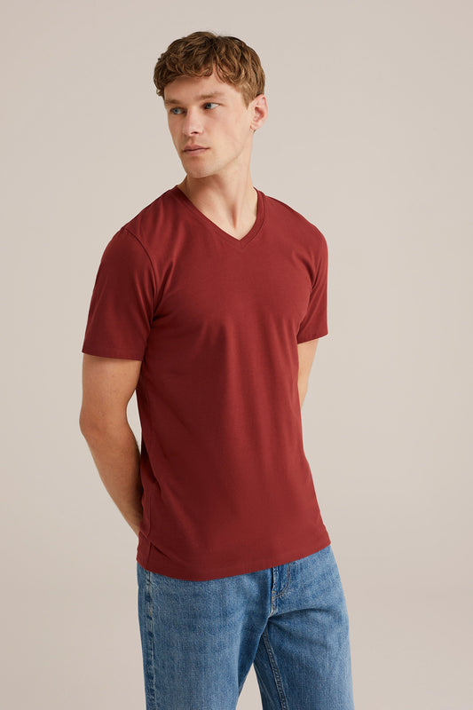 Regular Fit Basic T-Shirt with V-Neck - Red