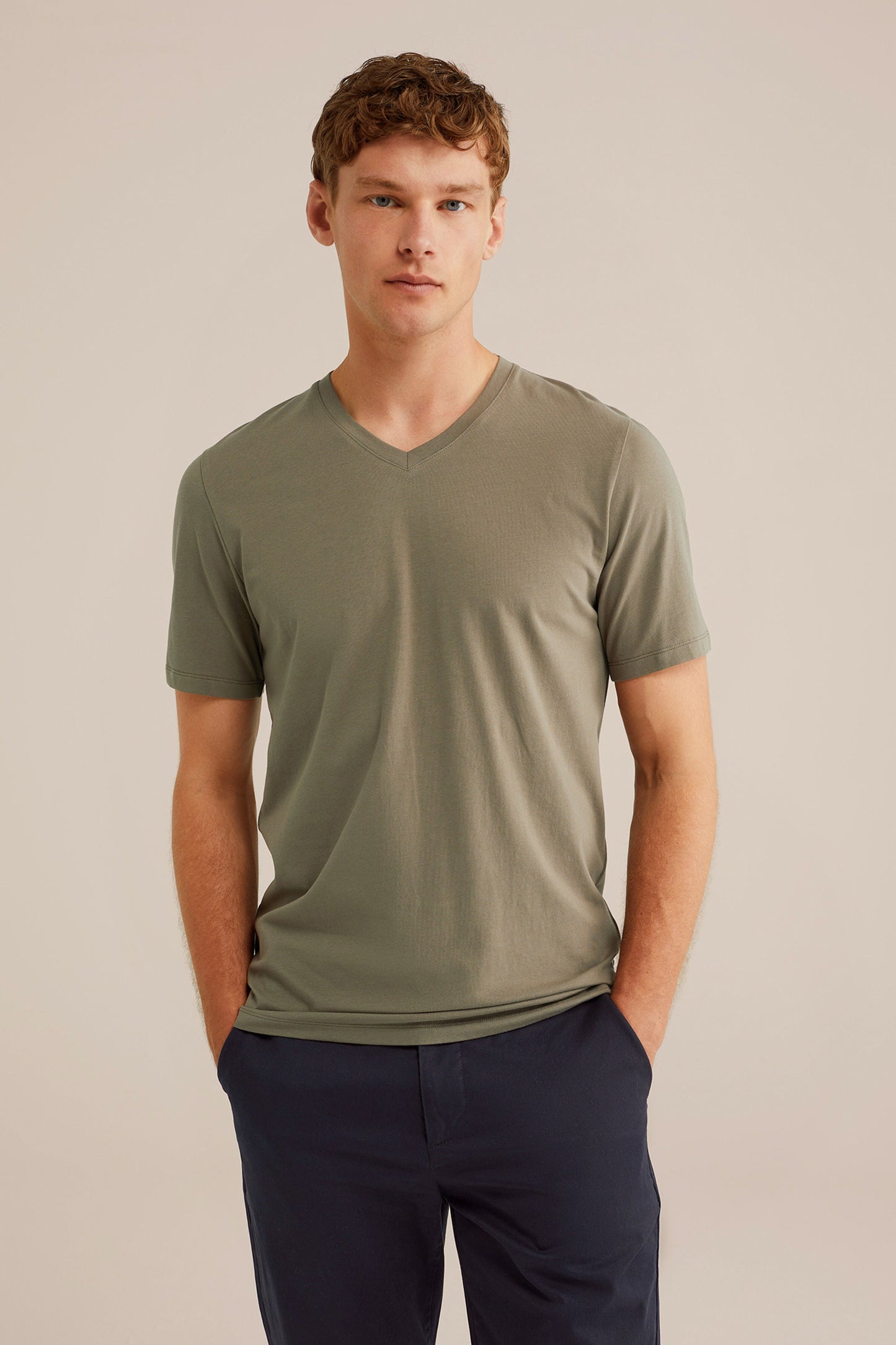 Regular Fit Basic T-Shirt with V-Neck - Olive Green