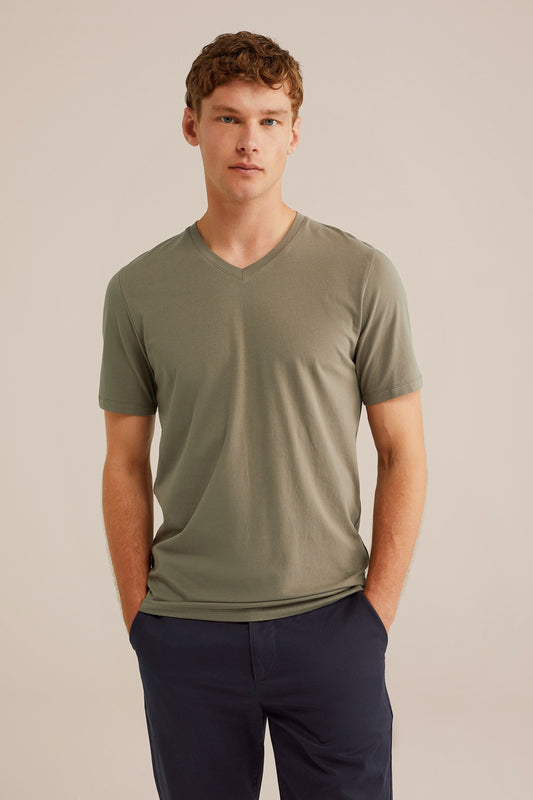 Regular Fit Basic T-Shirt with V-Neck - Olive Green