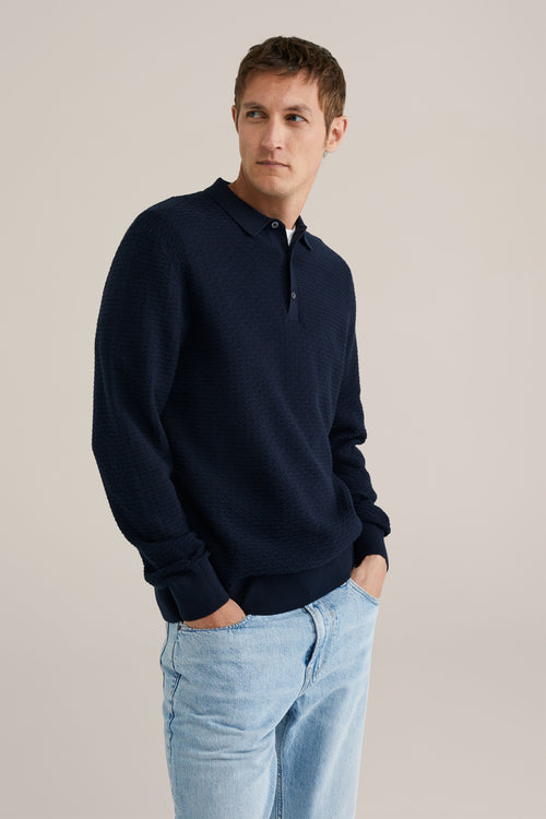 Textured Knit Polo Shirt - Navy Blue