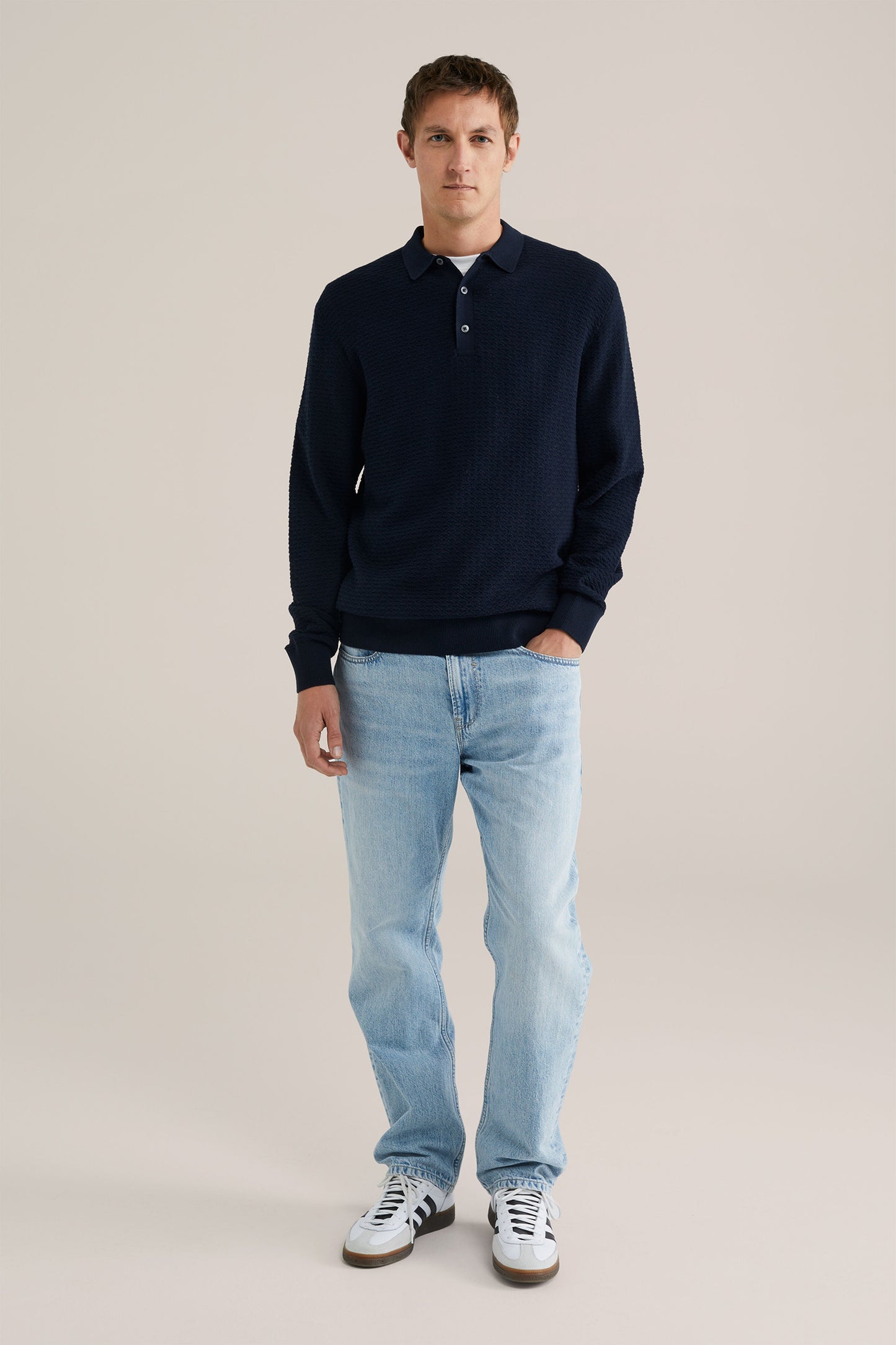 Textured Knit Polo Shirt - Navy Blue