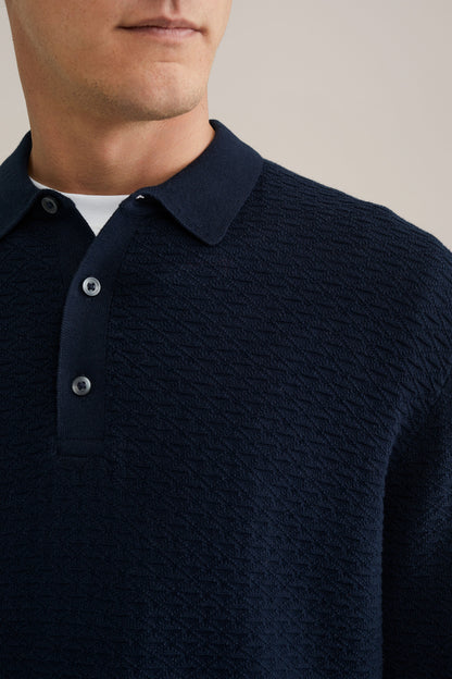 Textured Knit Polo Shirt - Navy Blue
