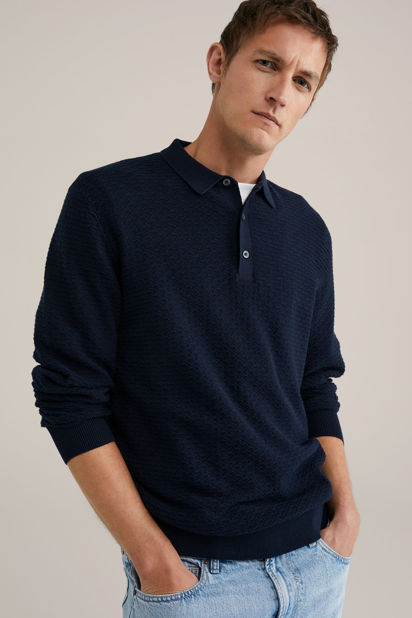 Textured Knit Polo Shirt - Navy Blue