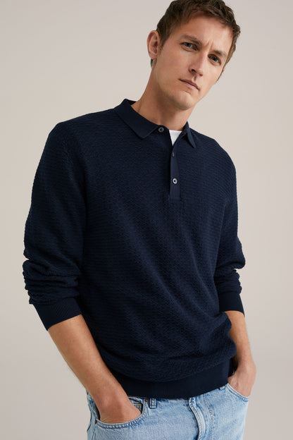 Textured Knit Polo Shirt - Navy Blue