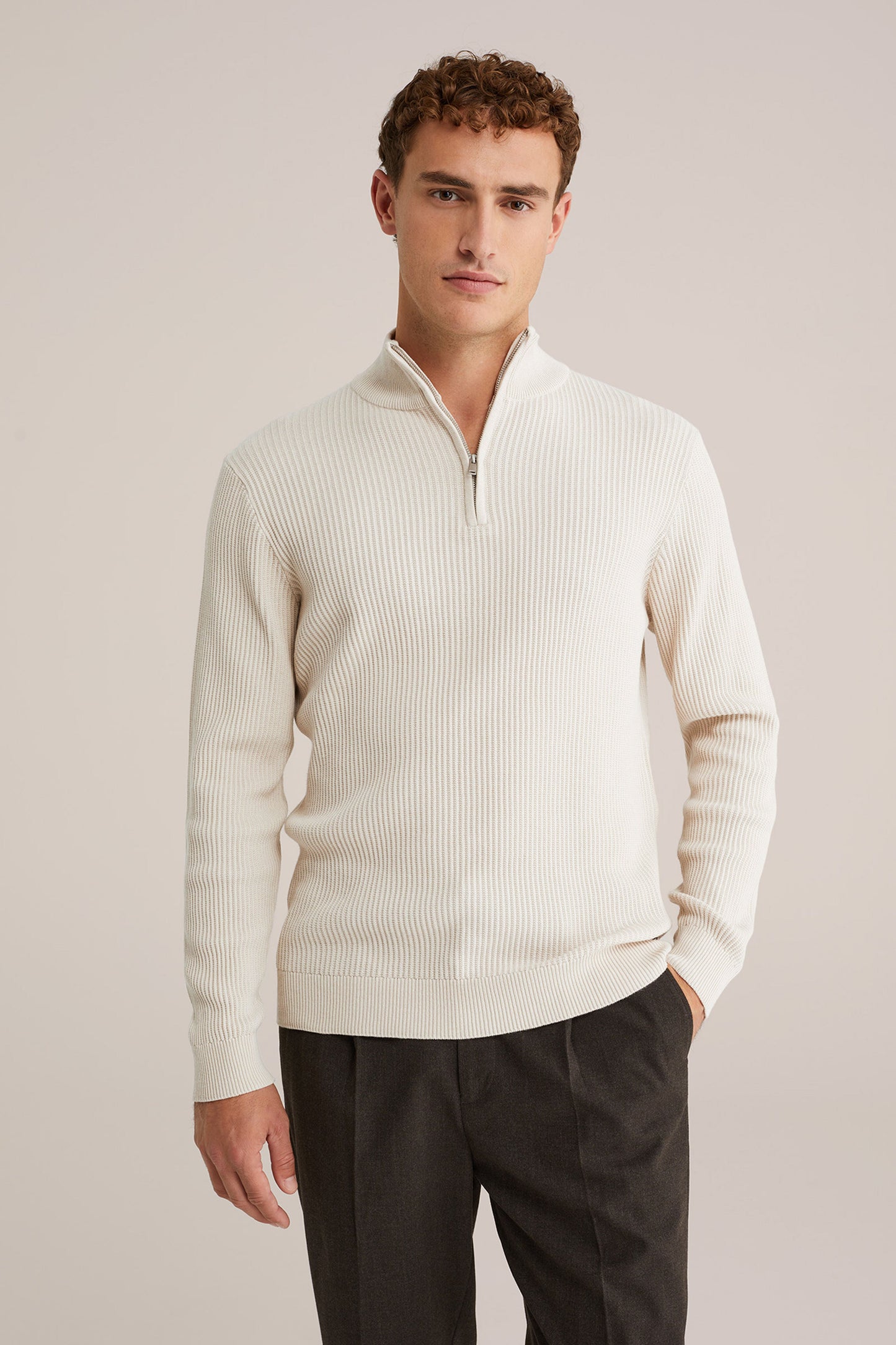 Regular Fit Zip-Up Jumper - Beige
