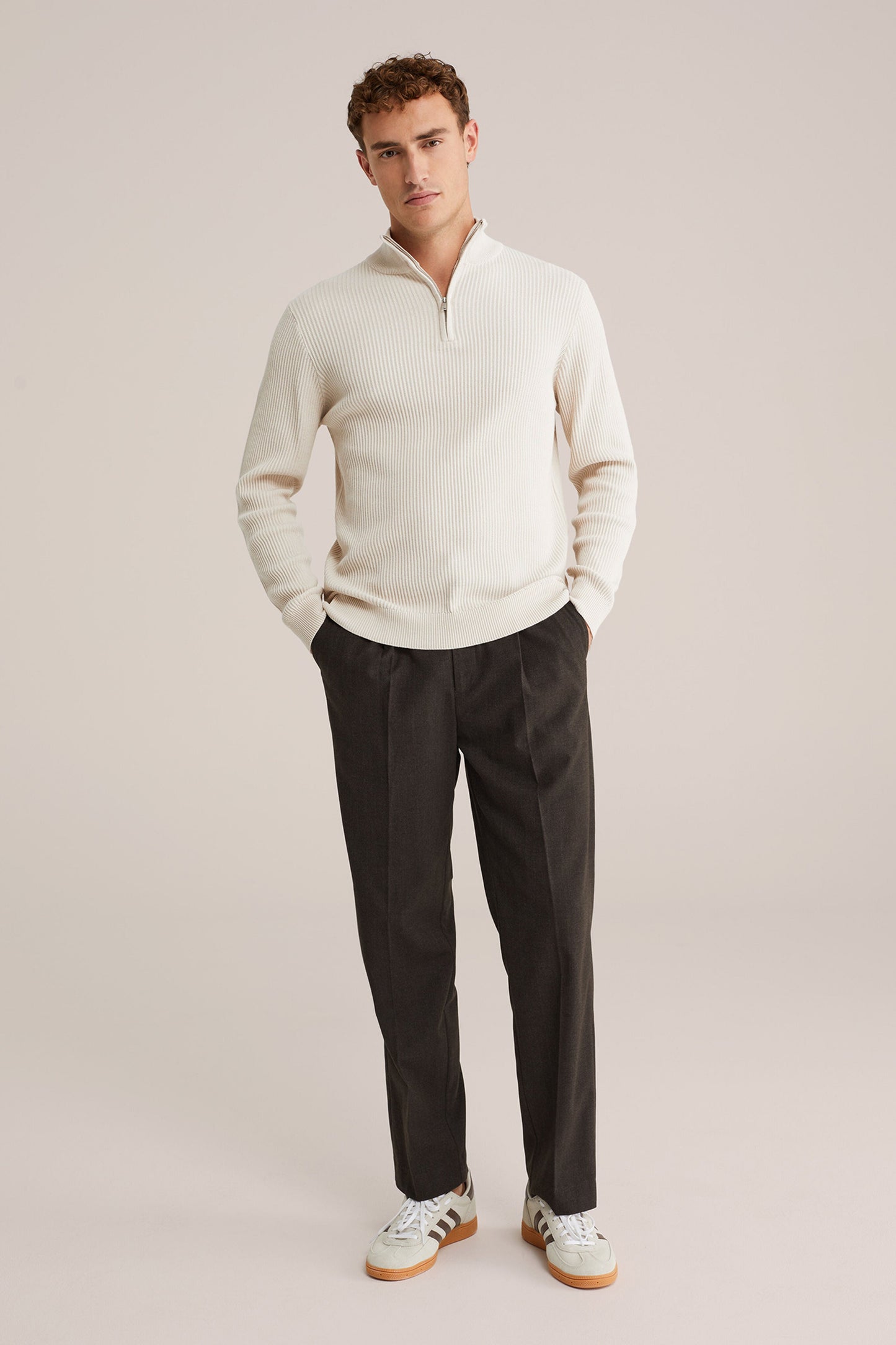 Regular Fit Zip-Up Jumper - Beige