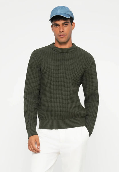 Textured Men's Round Neck Jumper - Green