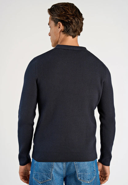 Textured Long Sleeve Men's Polo Shirt - Navy Blue