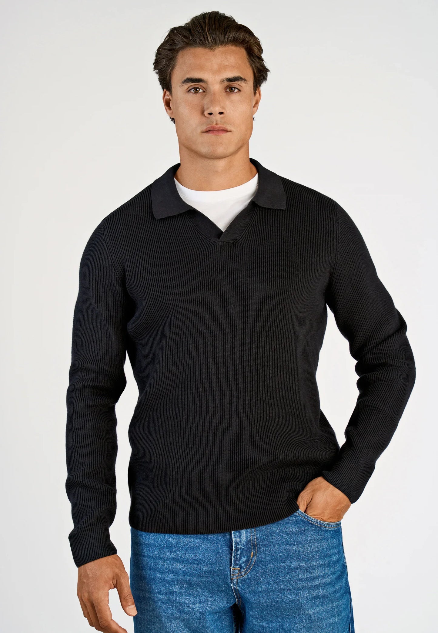 Men's Textured Long Sleeve Polo Shirt - Black