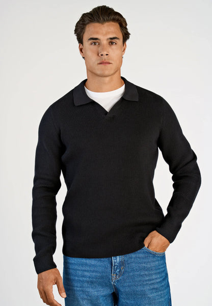Men's Textured Long Sleeve Polo Shirt - Black