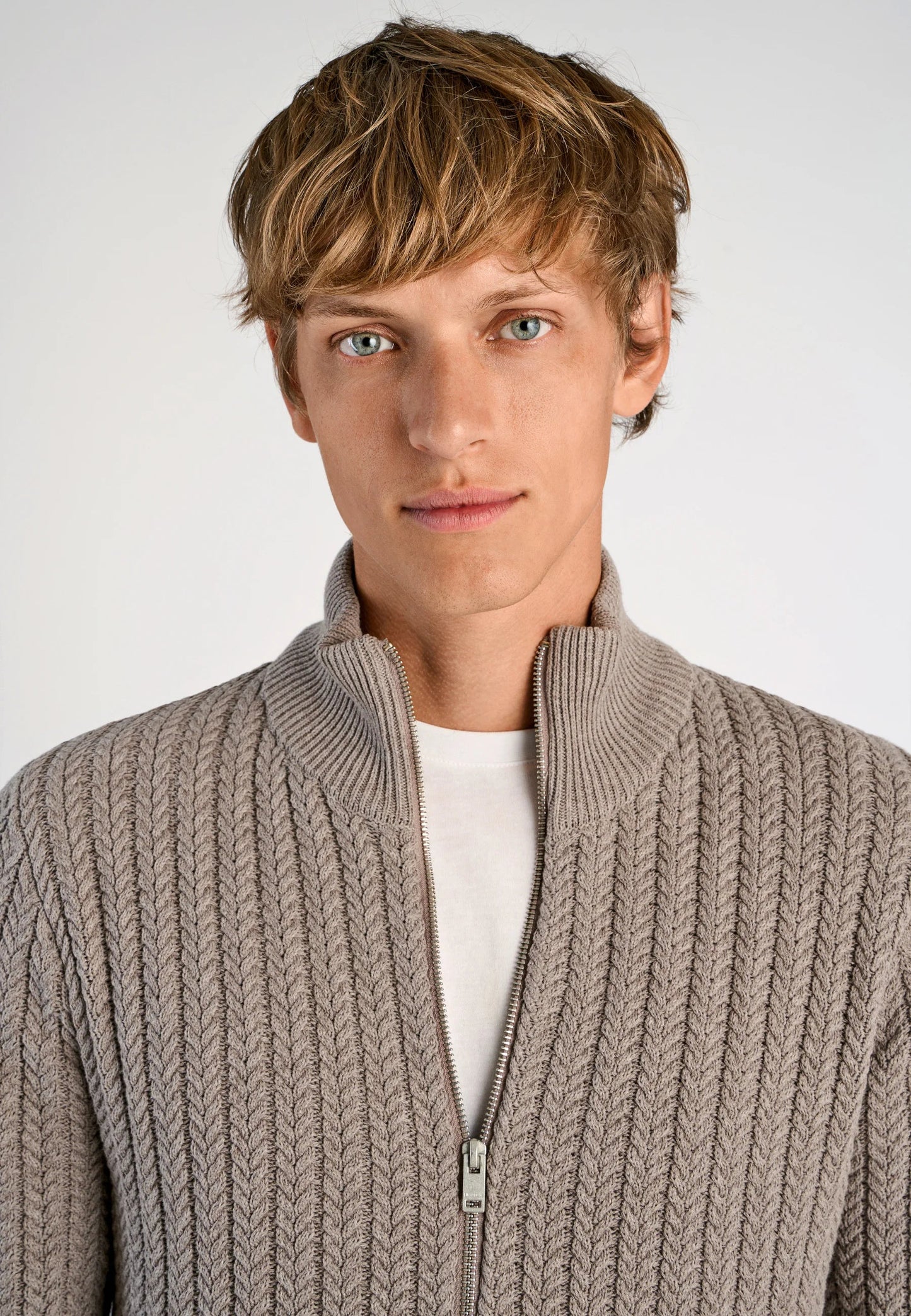 Textured Knit Cardigan with High Neck and Zip - Beige