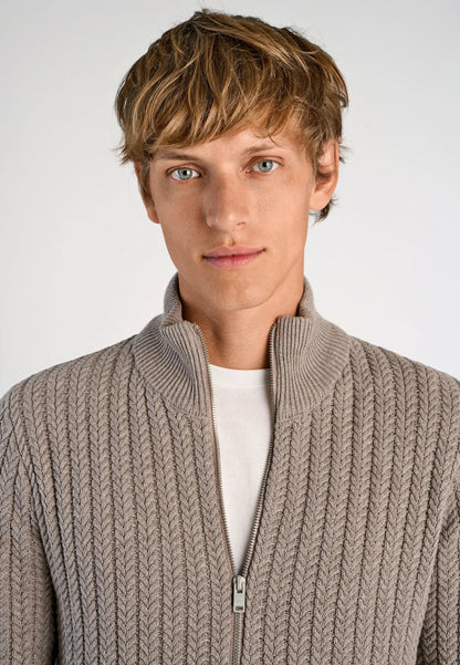 Textured Knit Cardigan with High Neck and Zip - Beige