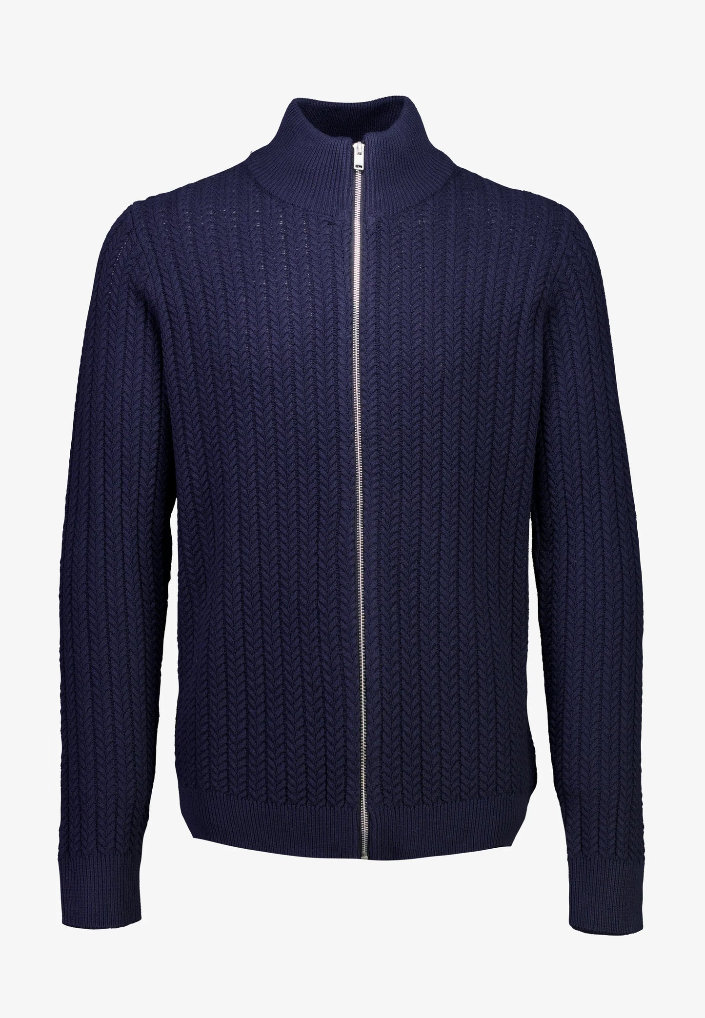 Textured Knit Cardigan with High Neck and Zipper - Navy Blue