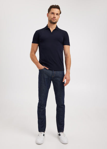 Ribbed Polo Collar Shirt - Navy Blue