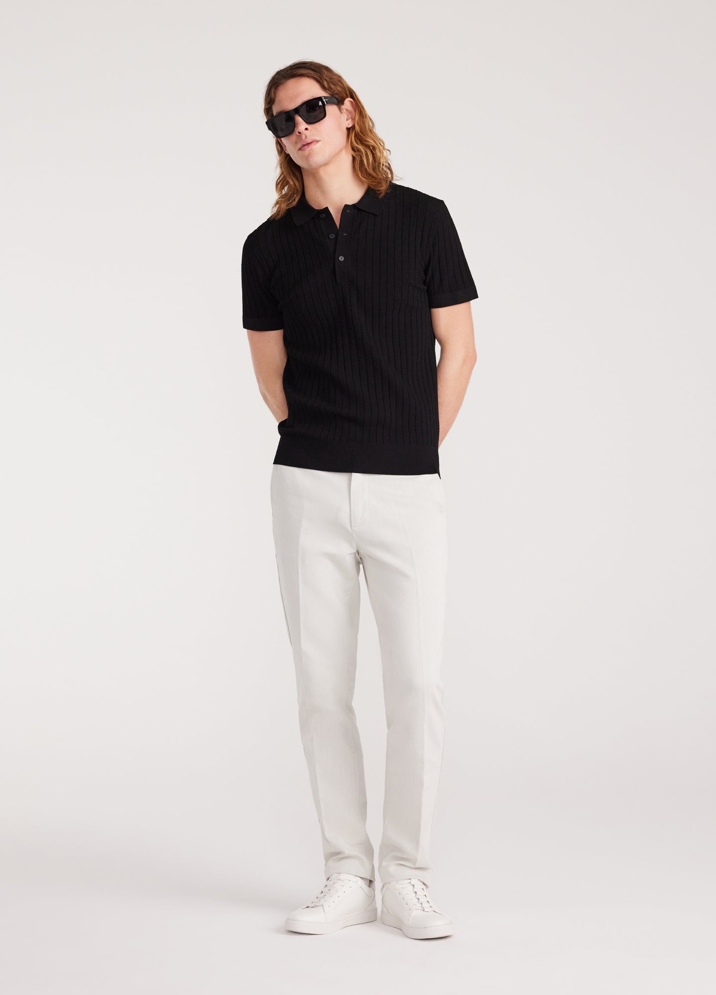 Polo Collar Shirt with Texture - Black