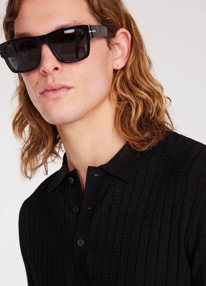Polo Collar Shirt with Texture - Black