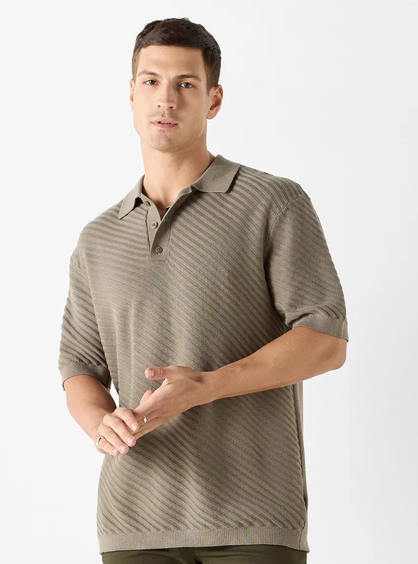 Textured Striped Polo Shirt - Brown