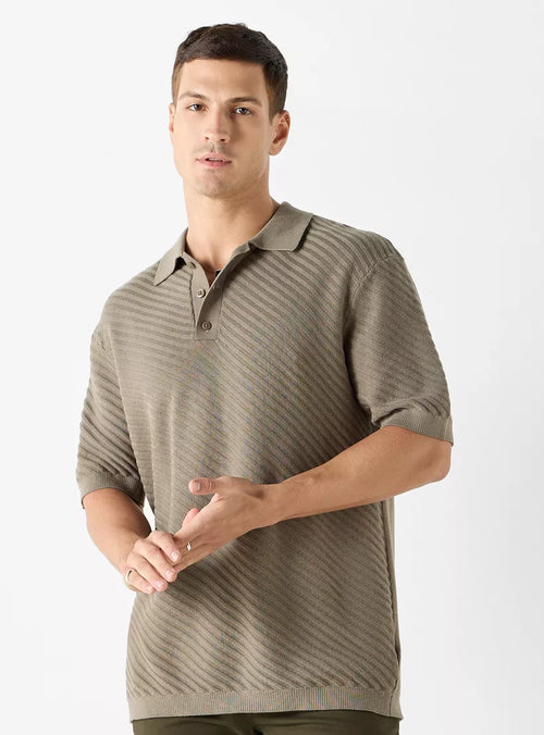 Textured Striped Polo Shirt - Brown