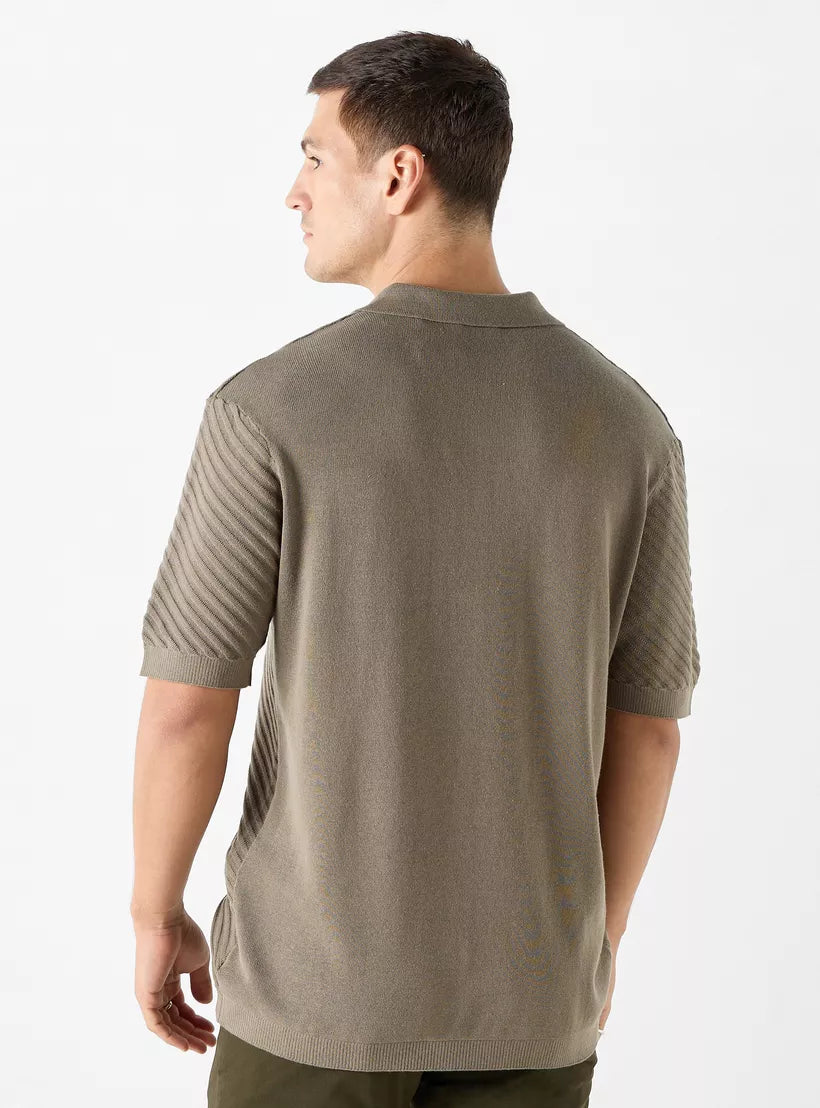Textured Striped Polo Shirt - Brown