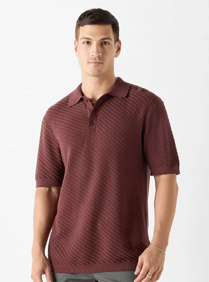 Striped Textured Polo Shirt - Burgundy