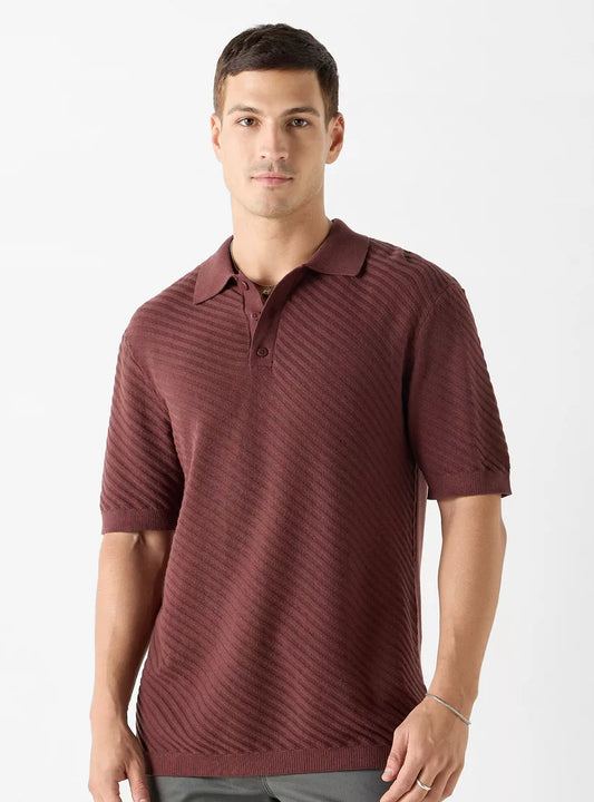 Striped Textured Polo Shirt - Burgundy